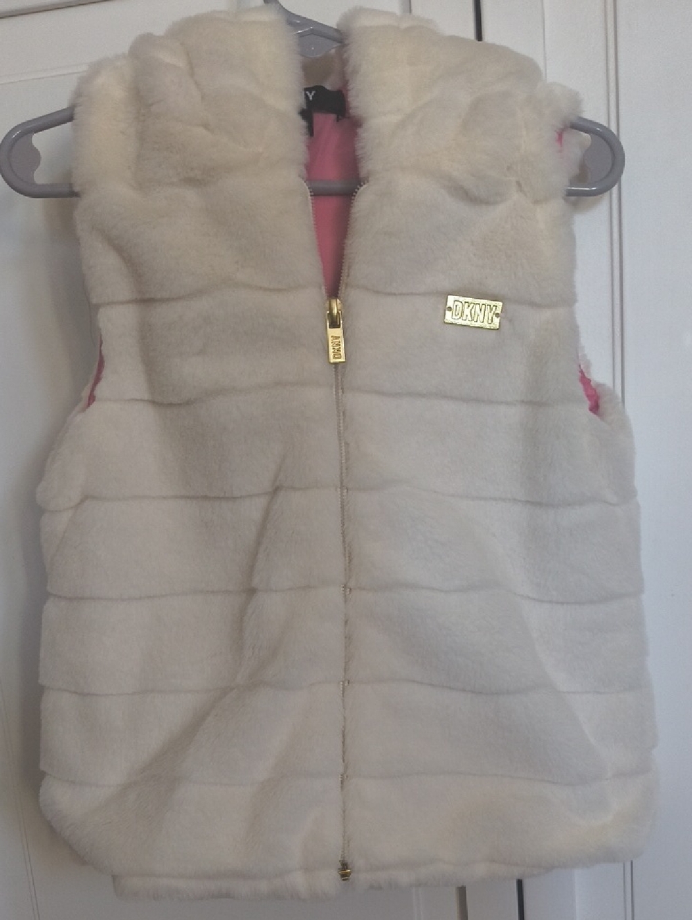 DKNY Cream Faux Fur Puffer Vest with Gold Hardware